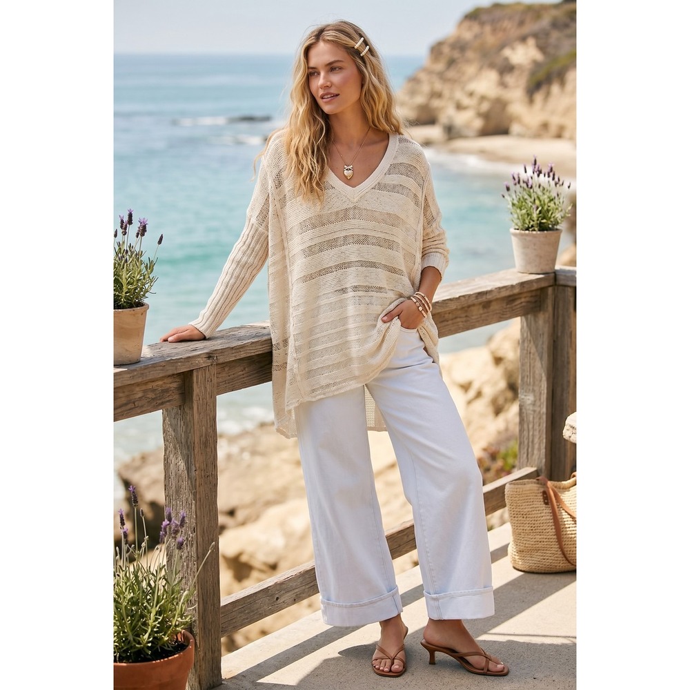 Free‎ People Oversized Boho Open Knit Tunic Sweater Cream Striped V-Neck S/M